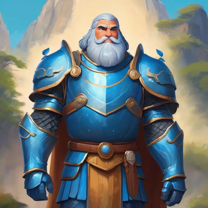 Brave hero with blue armor and a determined gaze meets Gentle giant with a kind smile and calm demeanor, the gentle giant
