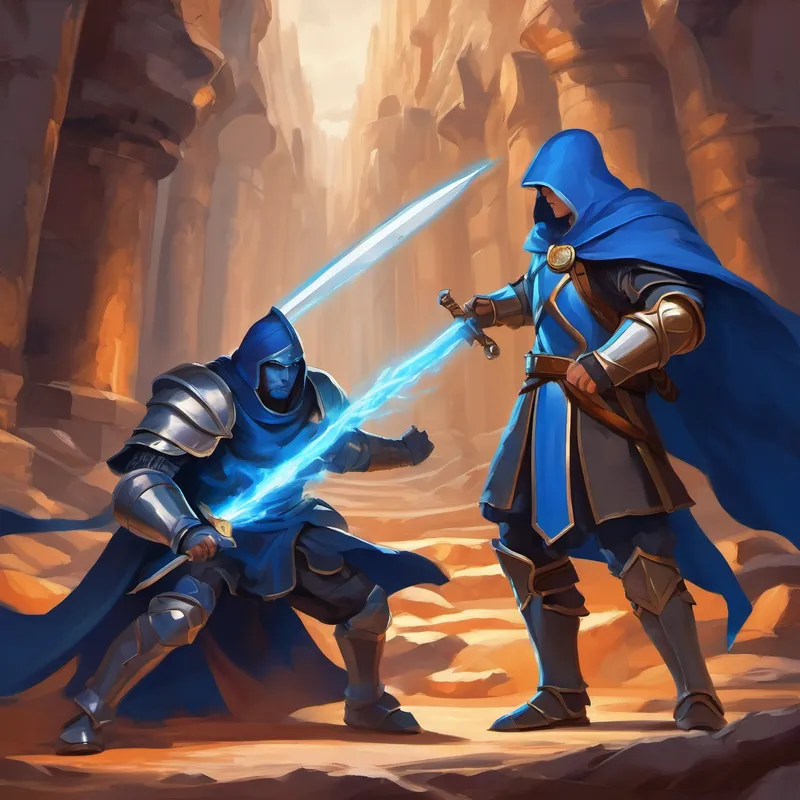 Brave hero with blue armor and a determined gaze defeats Evil sorcerer with dark robes and furious eyes using his listening skills
