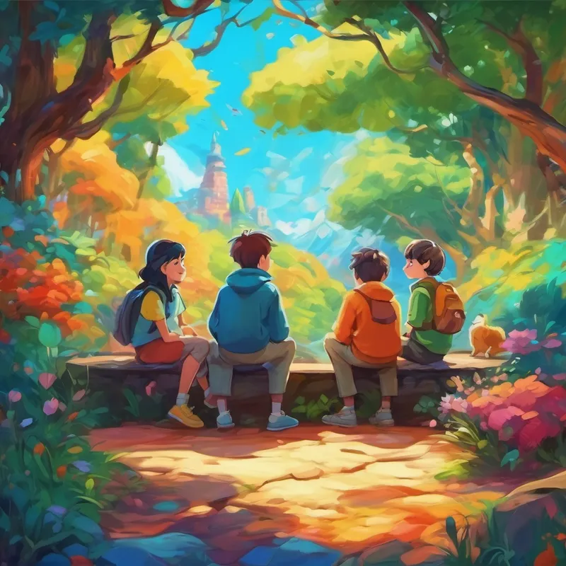 Cartoon characters sitting together in a colorful world
