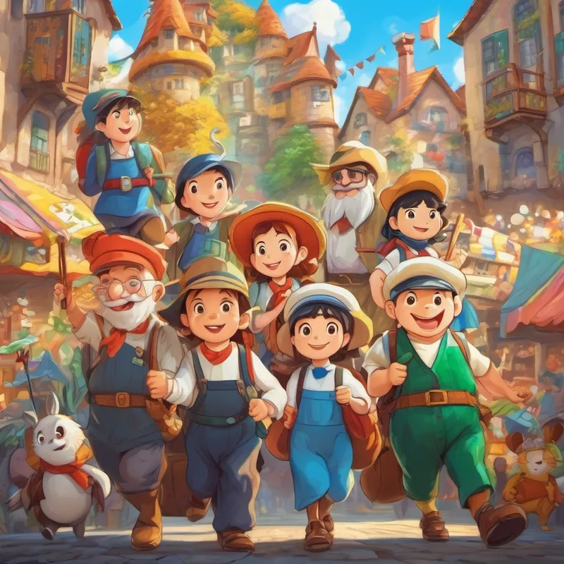 Cartoon characters holding posters and banners, showing their adventures