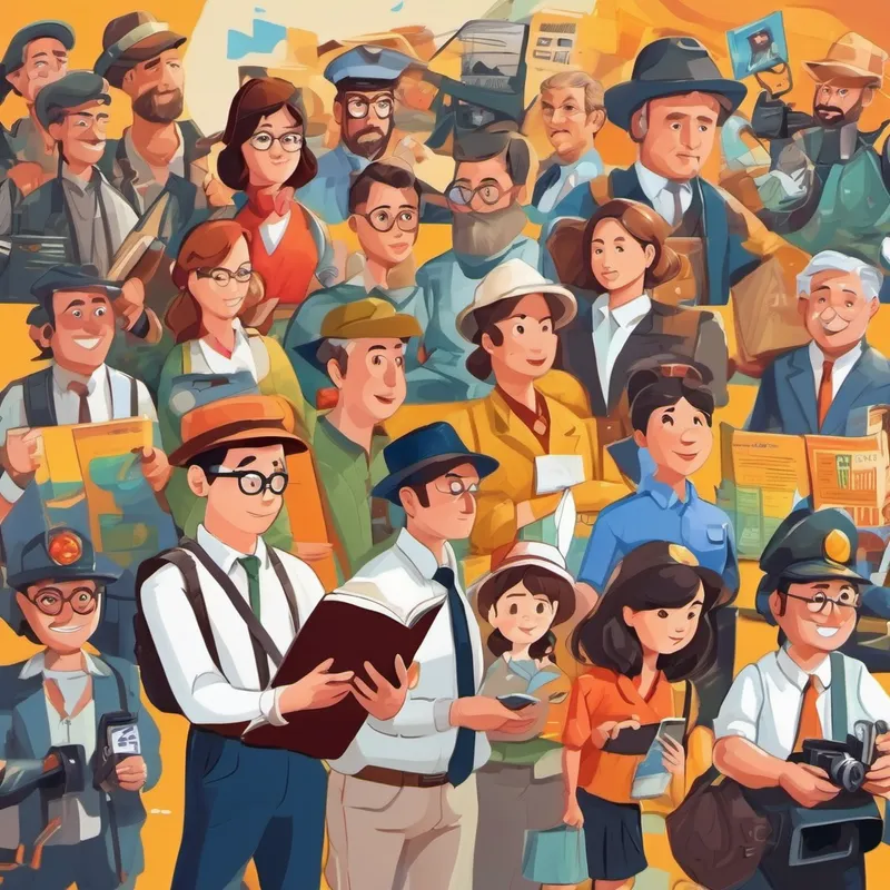 Cartoon characters designing posters and social Journalists and reporters who share news with the world. graphics