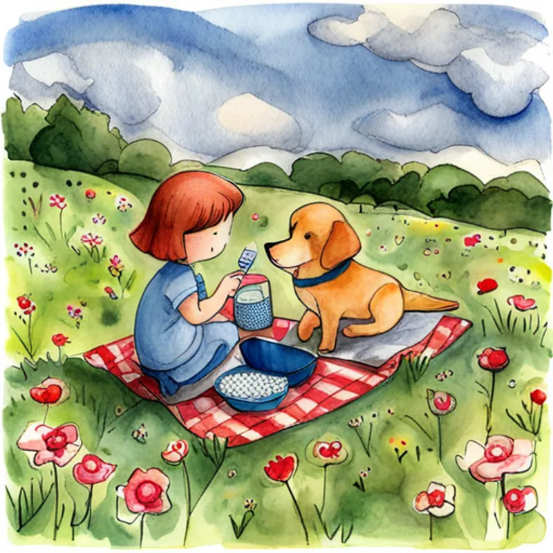 Max and Mia having a picnic in a flower-filled meadow
