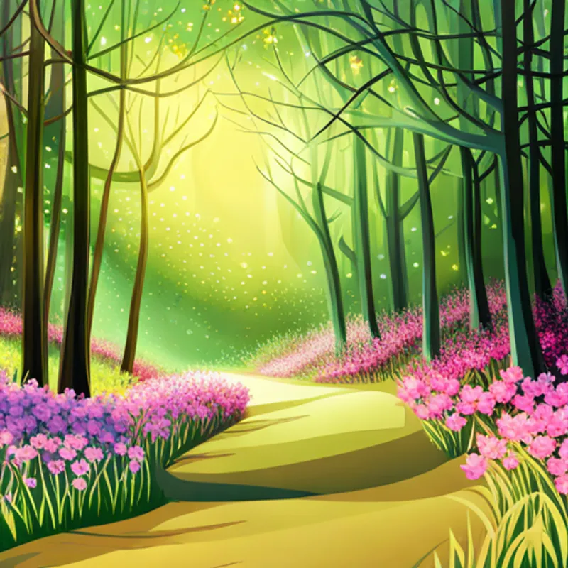 Sparkling trees and glowing flowers in the magical forest