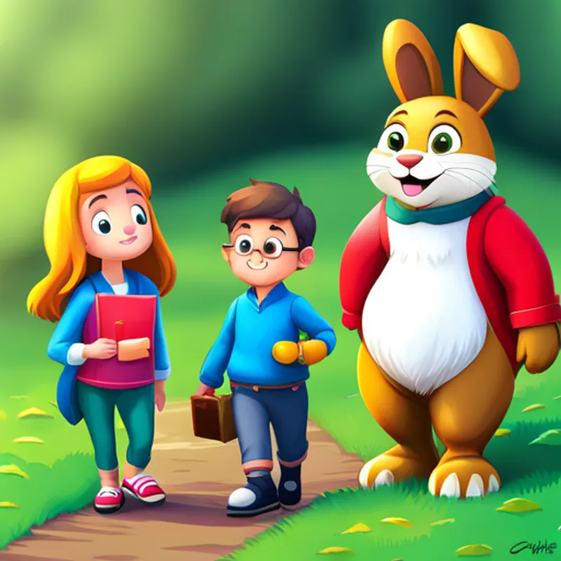 Oliver the talking bunny leading Lily and Max
