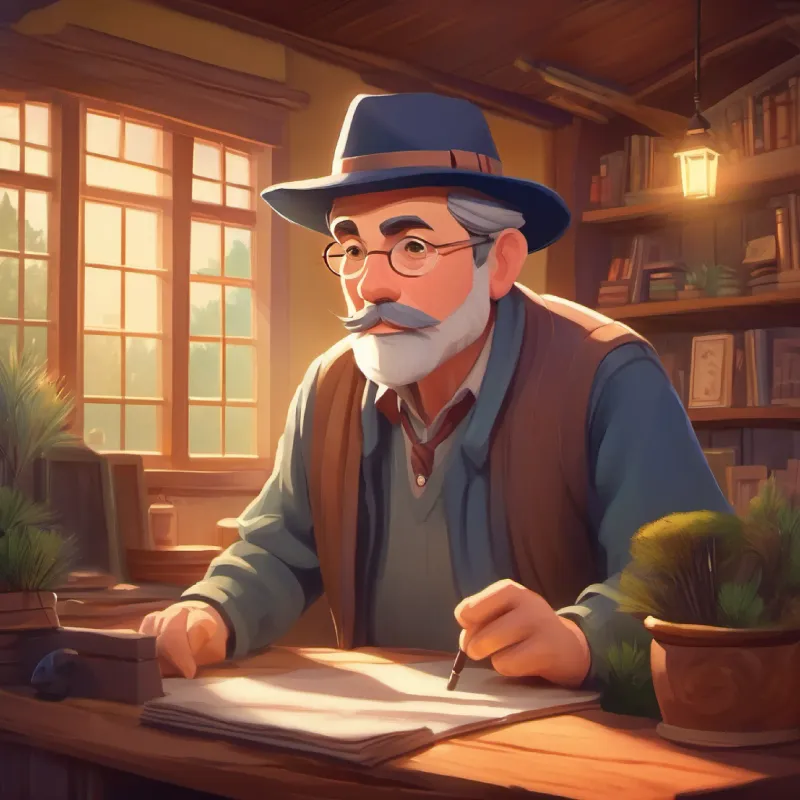 Introducing Middle-aged man, curious, loves mysteries, wears detective hat, cozy house, Windy Pines town