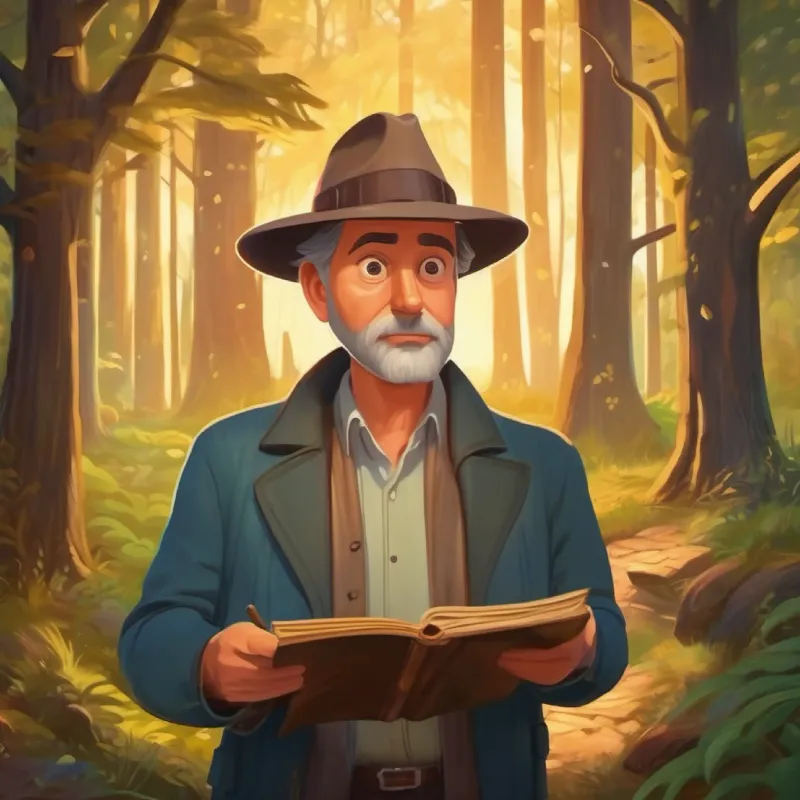 Middle-aged man, curious, loves mysteries, wears detective hat reads about Whispering Woods, discovers treasure mystery