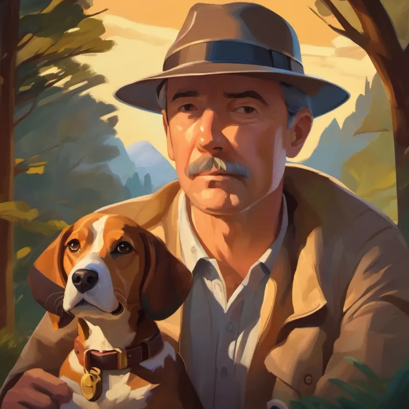 Middle-aged man, curious, loves mysteries, wears detective hat and Loyal beagle, brown spots, loves adventures with Jake the dog set off for adventure