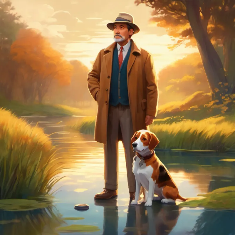 Middle-aged man, curious, loves mysteries, wears detective hat and Loyal beagle, brown spots, loves adventures with Middle-aged man, curious, loves mysteries, wears detective hat hear whispers, find glowing pond