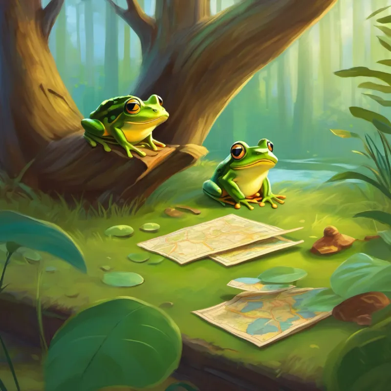 Frog gives clue, they find map in tree drawer