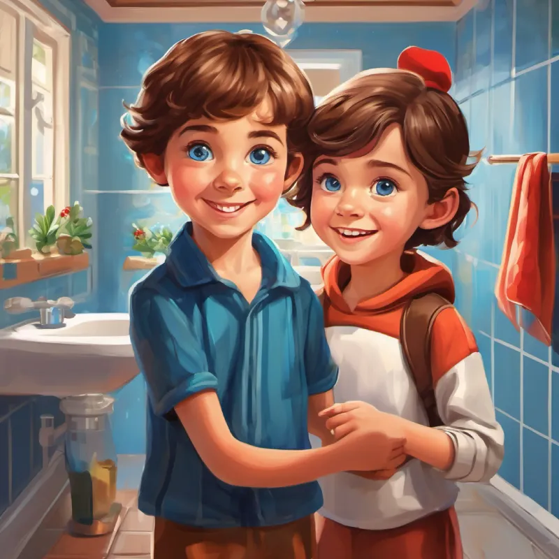 Introduction, siblings A young girl with brown hair and blue eyes, full of imagination and An energetic young boy, brown eyes, Abby’s playful brother, bathroom setting