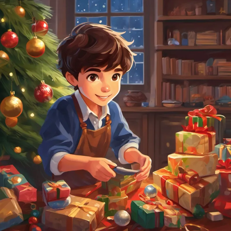 An energetic young boy, brown eyes, Abby’s playful brother as assistant, gathering items for their game