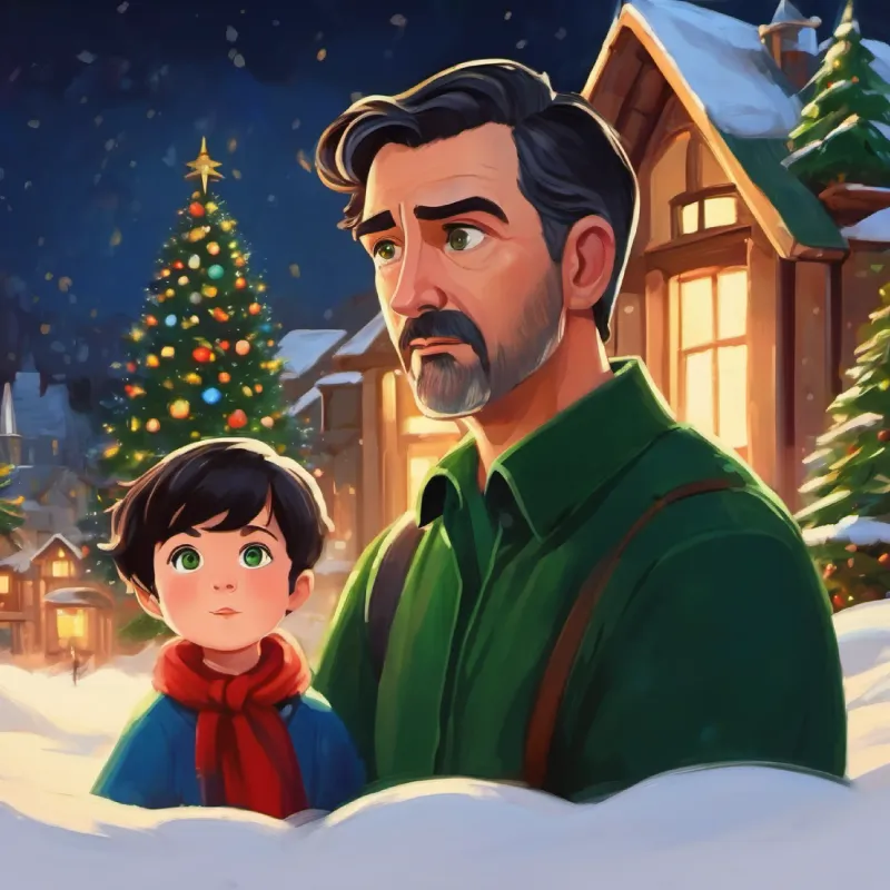 A caring father with short dark hair and green eyes, gentle demeanor arrives, questioning the noise, suspense