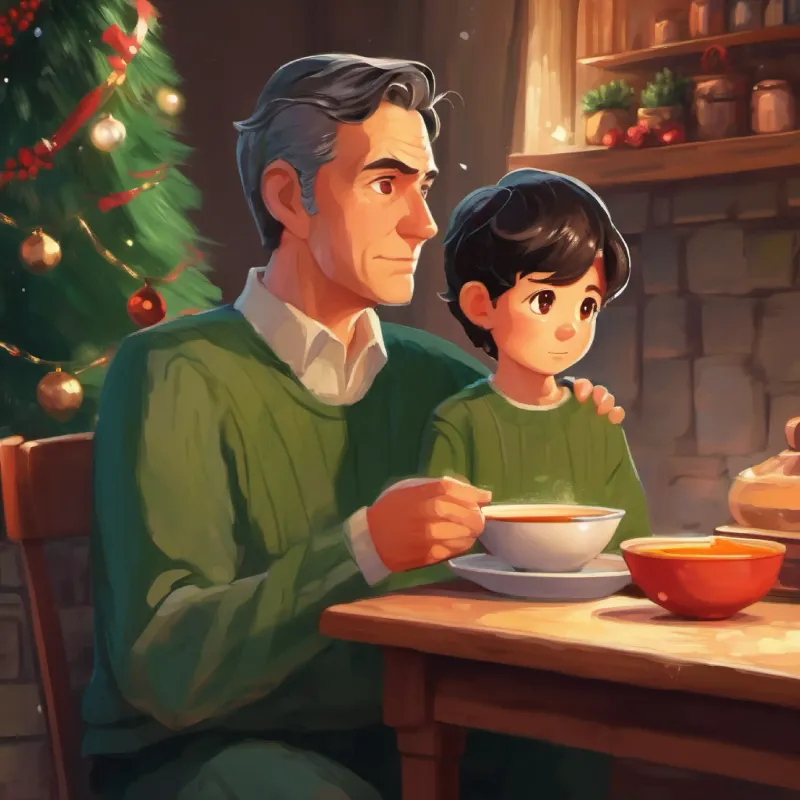 A caring father with short dark hair and green eyes, gentle demeanor sees the 'soup,' expresses worry