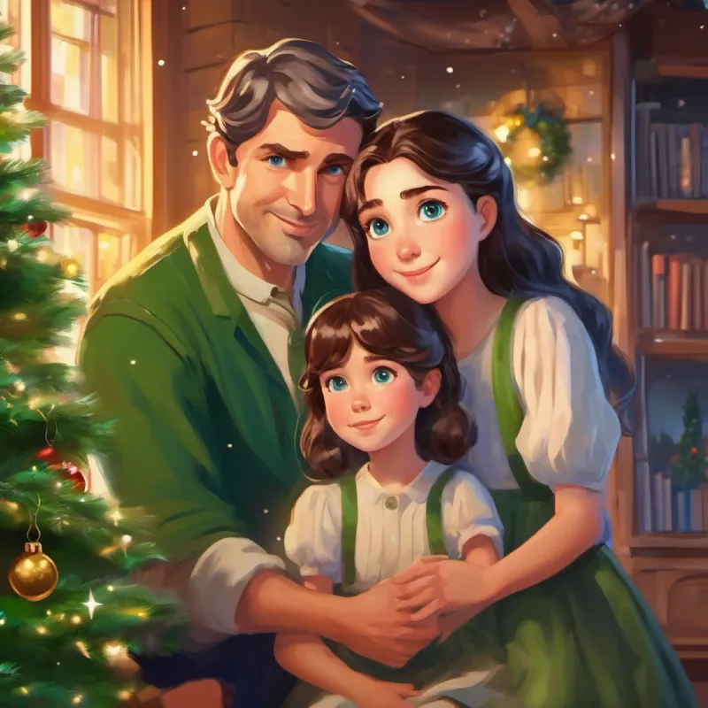 A young girl with brown hair and blue eyes, full of imagination's explanation, A caring father with short dark hair and green eyes, gentle demeanor's gentle correction