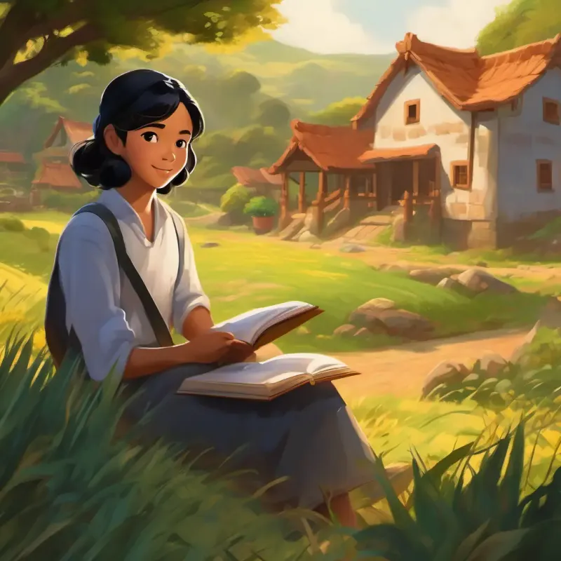 Da, a diligent student with tan skin, black hair, friendly brown eyes praised by villagers, learning valuable lessons