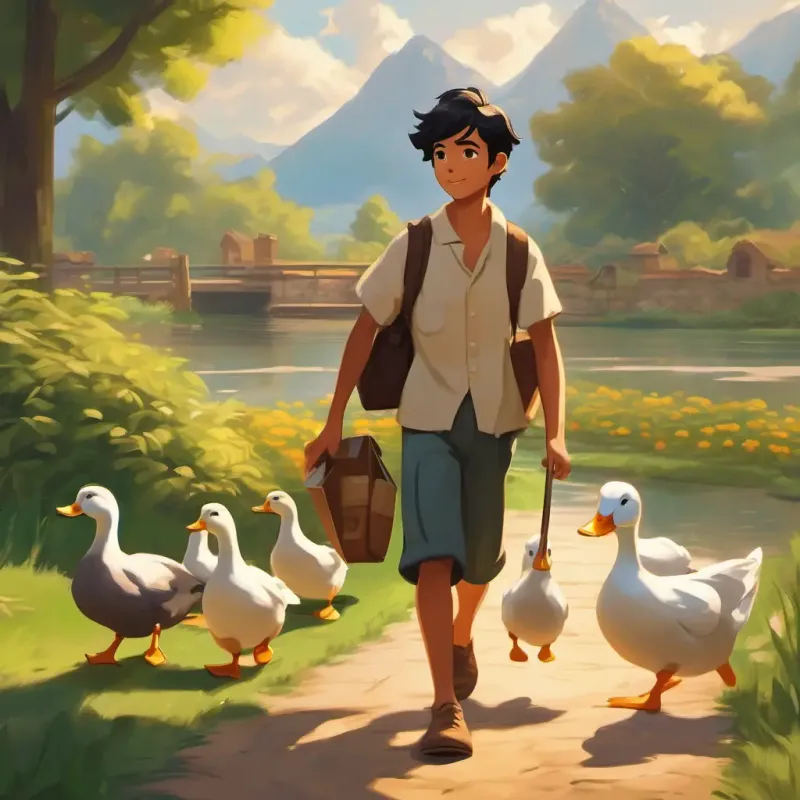 Da, a diligent student with tan skin, black hair, friendly brown eyes going home to care for his ducks