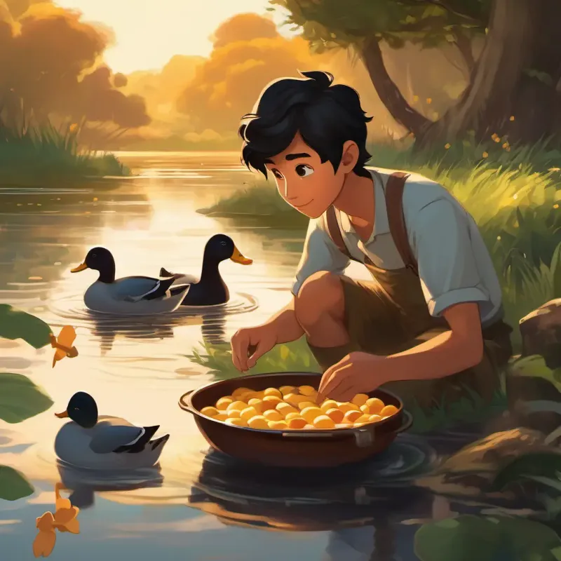 Da, a diligent student with tan skin, black hair, friendly brown eyes feeding his ducks a proper meal
