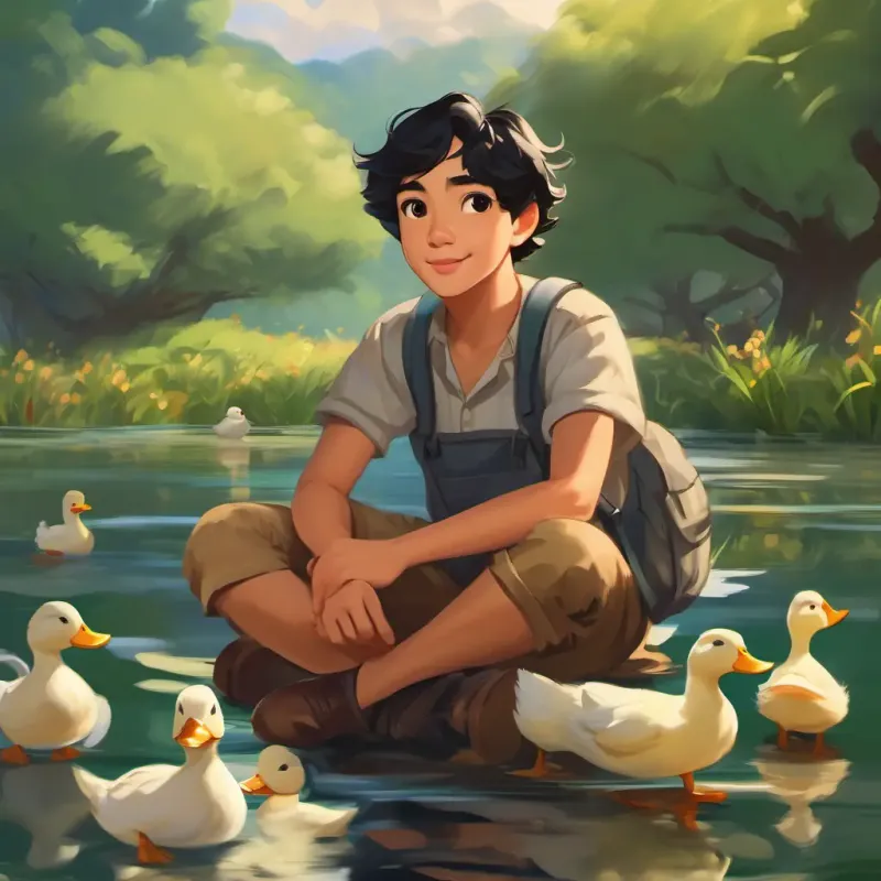 Da, a diligent student with tan skin, black hair, friendly brown eyes's ducks growing in the river