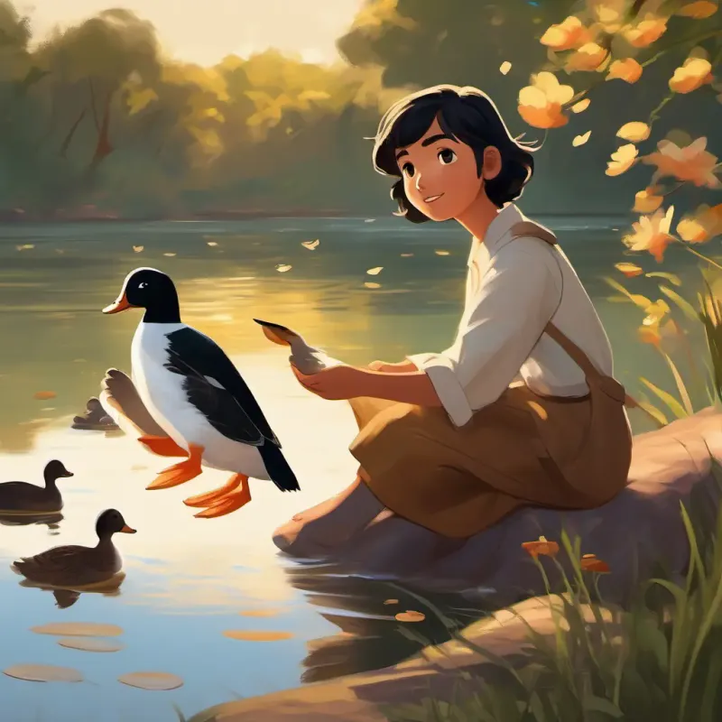 Da, a diligent student with tan skin, black hair, friendly brown eyes catching ducks compassionately