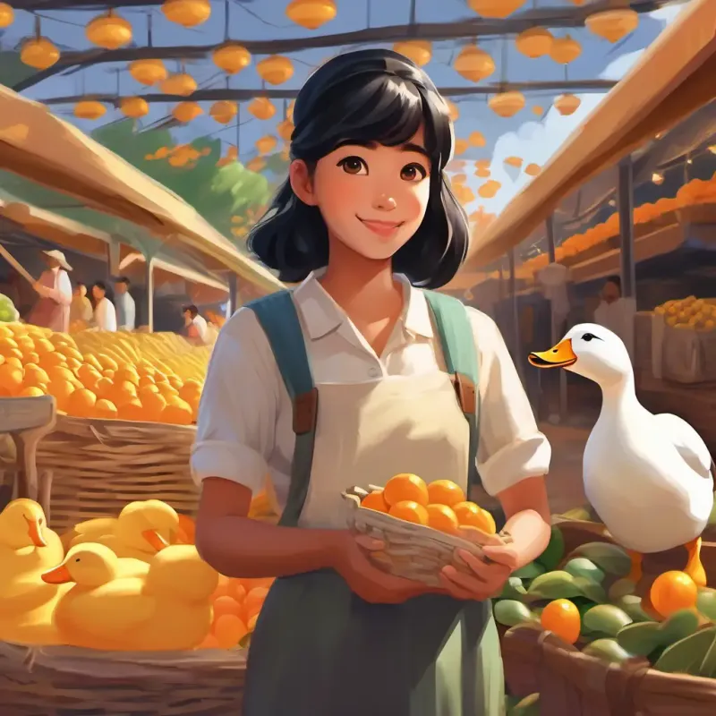 Da, a diligent student with tan skin, black hair, friendly brown eyes at the market with popular ducks