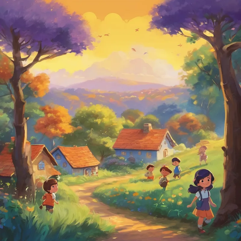 Once upon a time, in a magical land far away, there were seven little friends named Roy, Orangey, Yellow, Gigi, Bibi, Indigo, and Violet. Each of them had a special color just like the rainbow they lived in. They loved spending their days playing and exploring together. One sunny morning, Roy, the leader of the group, called his friends and gathered them around. "Do you know that we have special powers?" he asked. The others shook their heads, curious to learn more. Roy explained, "We have the ability to make each day of the week beautiful just by painting the skies with our colors!"