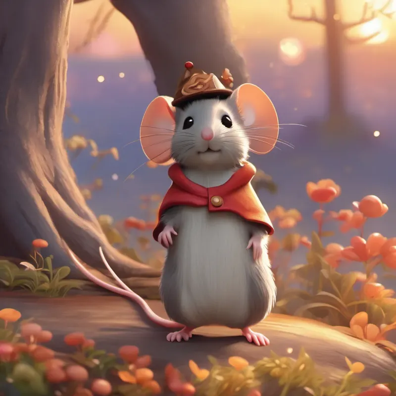 Adorable little mouse named A cute, small mouse with a whimsical magical hat, adventurous and curious with a whimsical hat, standing beside a tree with the sunset in the background.