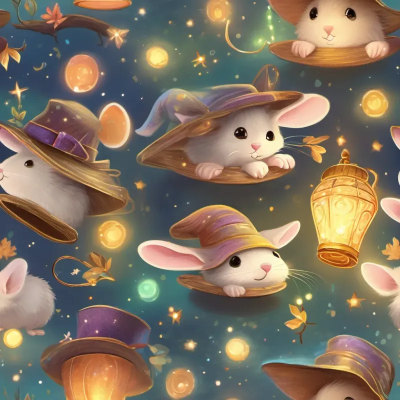 A magical hat sparkling with bright lights and cheerful expressions as A cute, small mouse with a whimsical magical hat, adventurous and curious looks at it in awe.