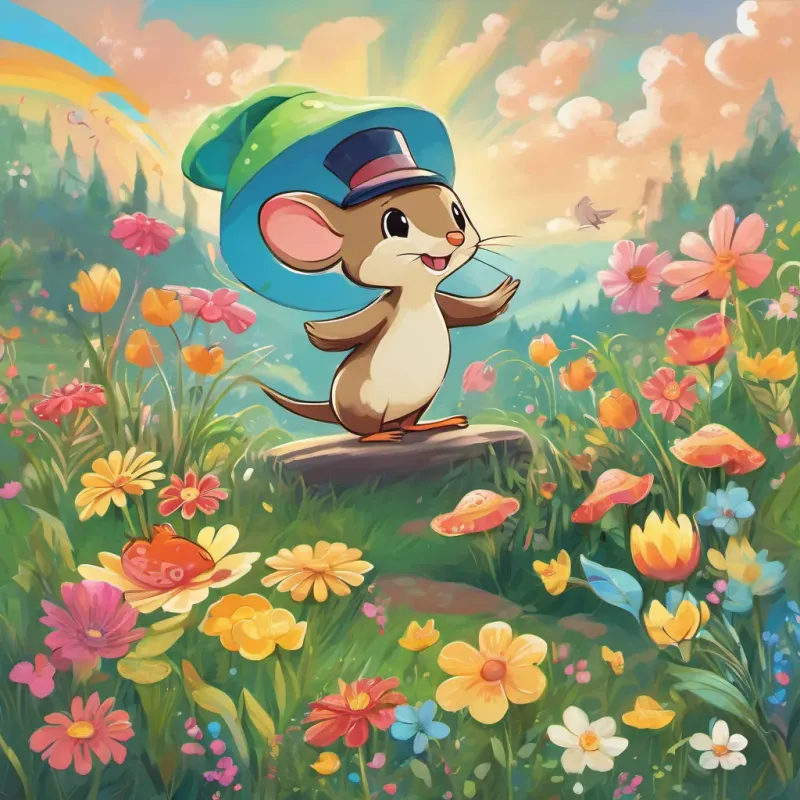 A cute, small mouse with a whimsical magical hat, adventurous and curious, A friendly and cheerful duck with bright feathers and a cap, excited for adventures, and A playful green frog with big eyes, a great jumper, always up for a challenge dancing and singing joyfully in a vibrant meadow surrounded by flowers and a clear blue sky.