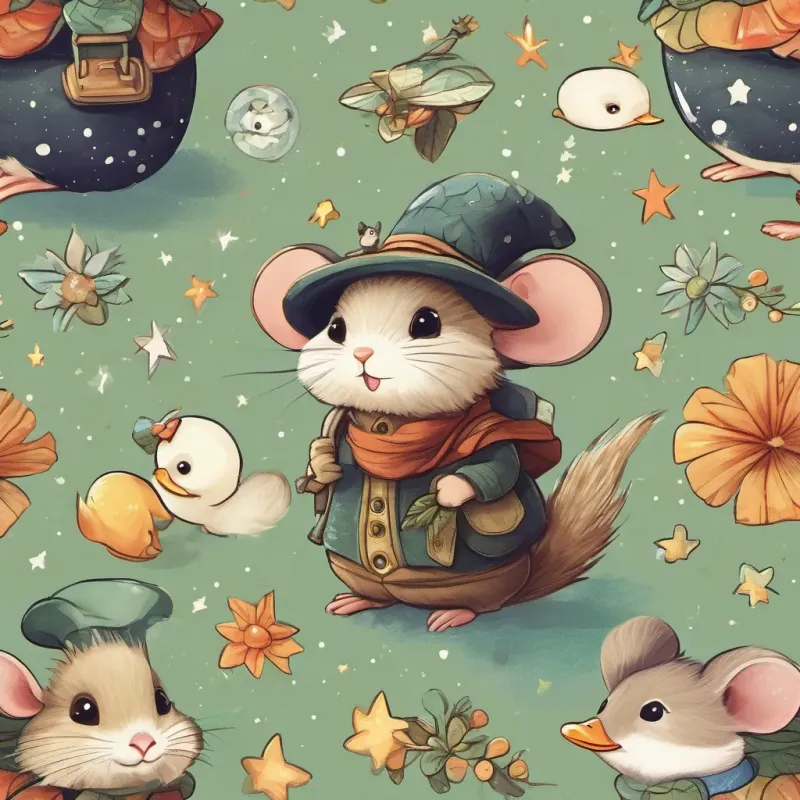 A cute, small mouse with a whimsical magical hat, adventurous and curious, A friendly and cheerful duck with bright feathers and a cap, excited for adventures, and A playful green frog with big eyes, a great jumper, always up for a challenge looking up at the night sky filled with twinkling stars, with content and happy expressions on their faces.