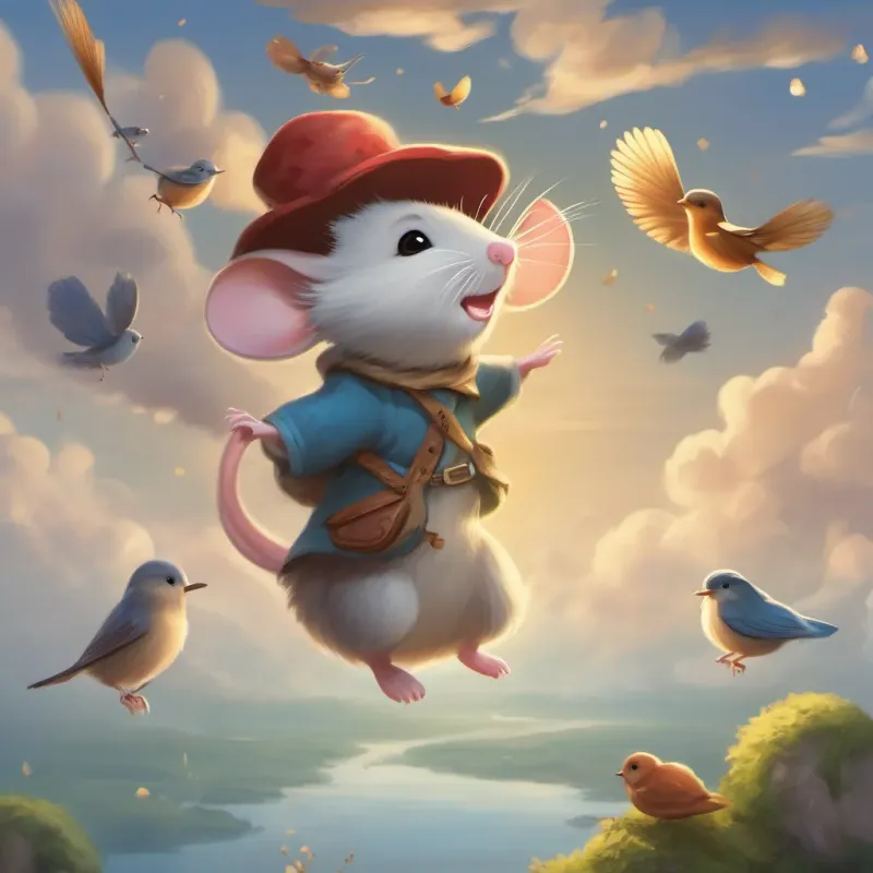 A cute, small mouse with a whimsical magical hat, adventurous and curious wearing the hat, leaping incredibly high into the air with a joyful expression, clouds and birds around him.