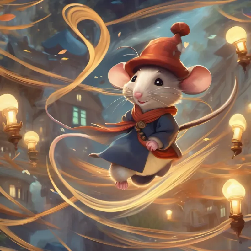 A cute, small mouse with a whimsical magical hat, adventurous and curious spinning in the air with wind swirling around him and a playful smile on his face, creating a whirlwind effect.