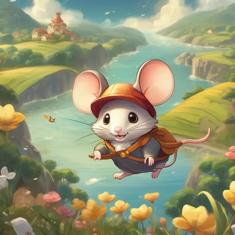A cute, small mouse with a whimsical magical hat, adventurous and curious gliding through the air above various landscapes, including a sparkling sea, lush forests, and golden fields.