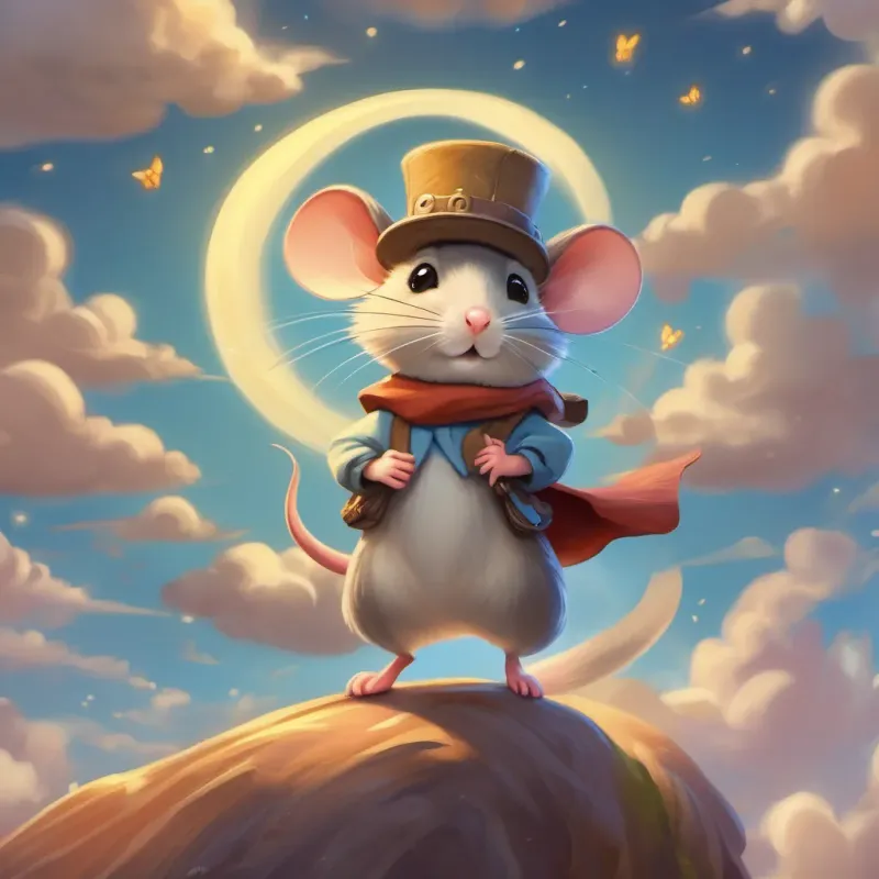 A cute, small mouse with a whimsical magical hat, adventurous and curious confidently flying through the sky, searching for something special, with a determined expression on his face.