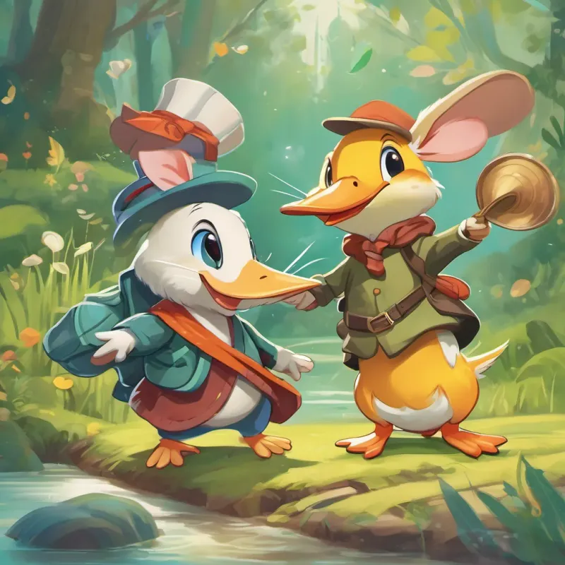 A cute, small mouse with a whimsical magical hat, adventurous and curious meeting A friendly and cheerful duck with bright feathers and a cap, excited for adventures the Duck and A playful green frog with big eyes, a great jumper, always up for a challenge the Frog, all smiling cheerfully, ready to embark on a magical journey together.