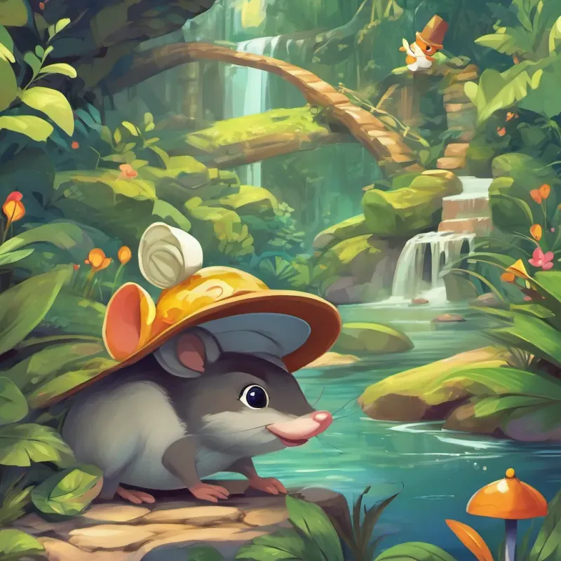 A cute, small mouse with a whimsical magical hat, adventurous and curious, A friendly and cheerful duck with bright feathers and a cap, excited for adventures, and A playful green frog with big eyes, a great jumper, always up for a challenge navigating through a vibrant jungle and crossing streams, all looking curious and excited.