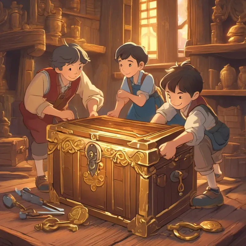 The trio discovering a shiny gold key in an ancient chest, all expressing anticipation and surprise.