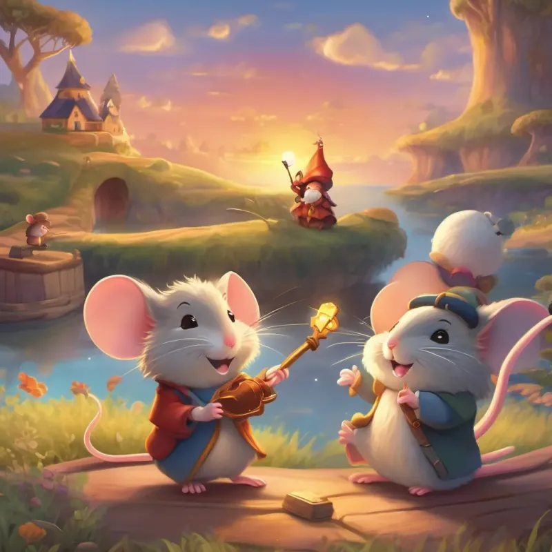 A cute, small mouse with a whimsical magical hat, adventurous and curious and his friends holding the magic key together, rejoicing with a beautiful sunset in the background, symbolizing new beginnings.