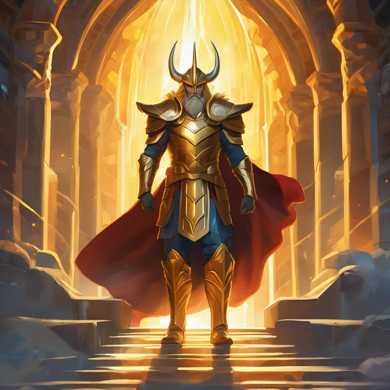 Heimdall - wise guardian with golden hair and pale skin, a mighty guardian, stands tall at the entrance of the Bifrost Bridge, his golden hair glowing.
