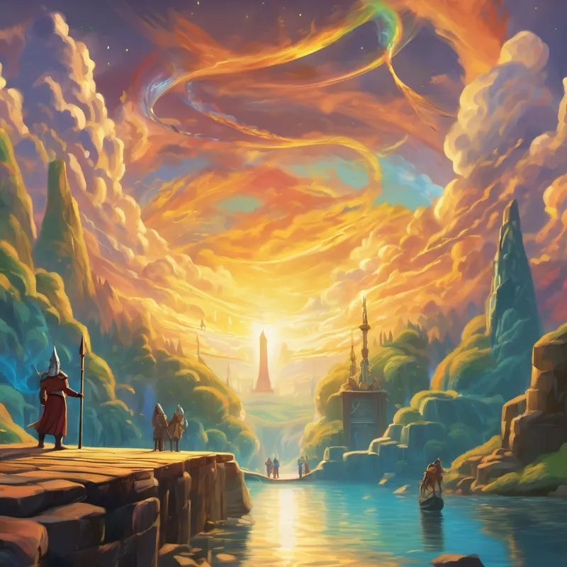 The gods from Asgard walking towards the Bifrost Bridge, and the people of Midgard waiting excitedly at the gates of their realm.