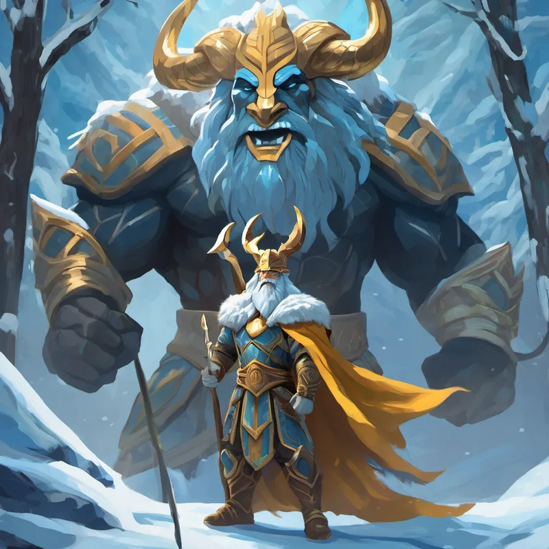 Jotun, the frost giant, stands at the Bifrost Bridge, taunting Heimdall - wise guardian with golden hair and pale skin with a wicked grin on his face.