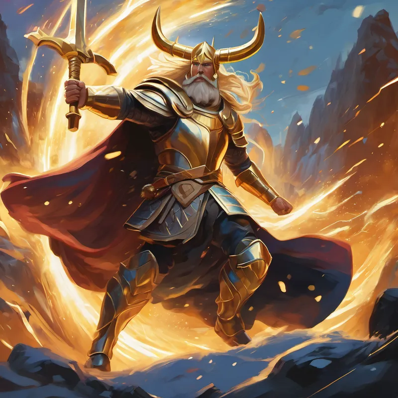 Heimdall - wise guardian with golden hair and pale skin and Jotun engaged in a dramatic battle, with sparks flying in all directions.