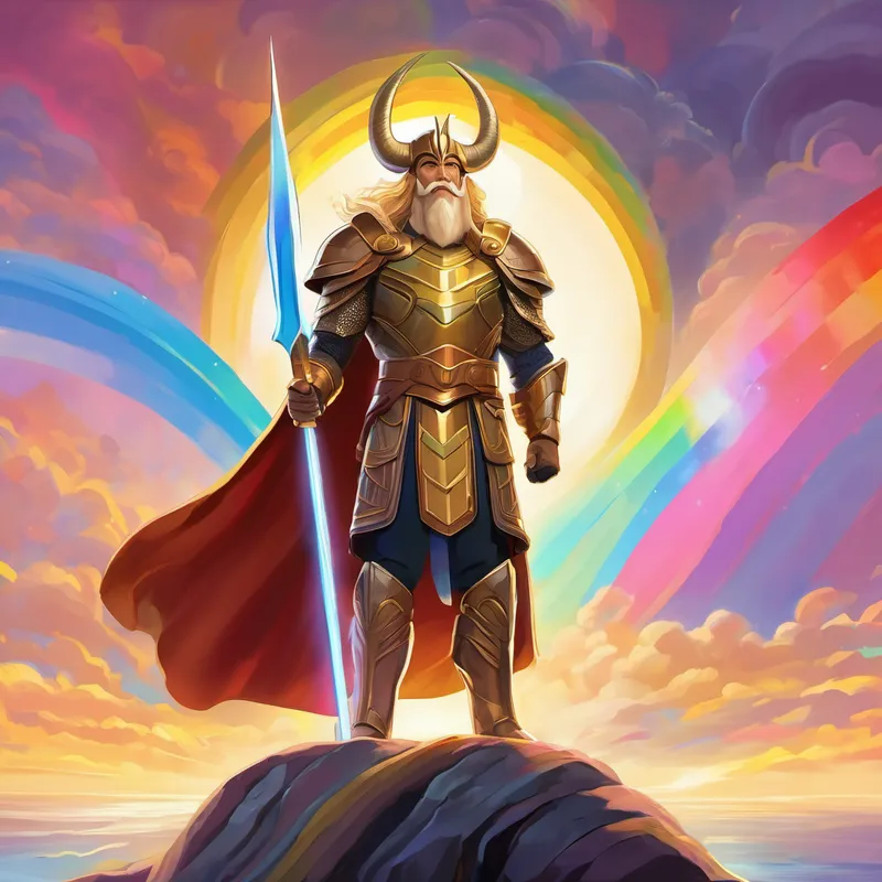Heimdall - wise guardian with golden hair and pale skin stands proudly at the Bifrost Bridge, the rainbow colors shining brightly in the background.