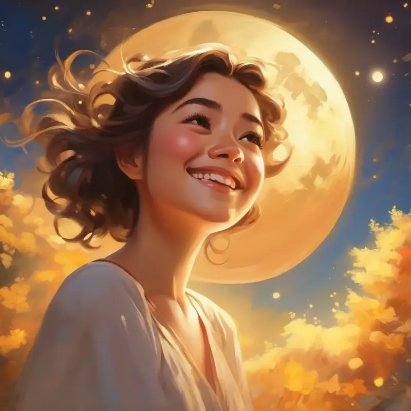 The Moon, pale and gentle, with a soft glow reacting to The Sun, bright and golden, with a warm smile's gift, feeling joyful.