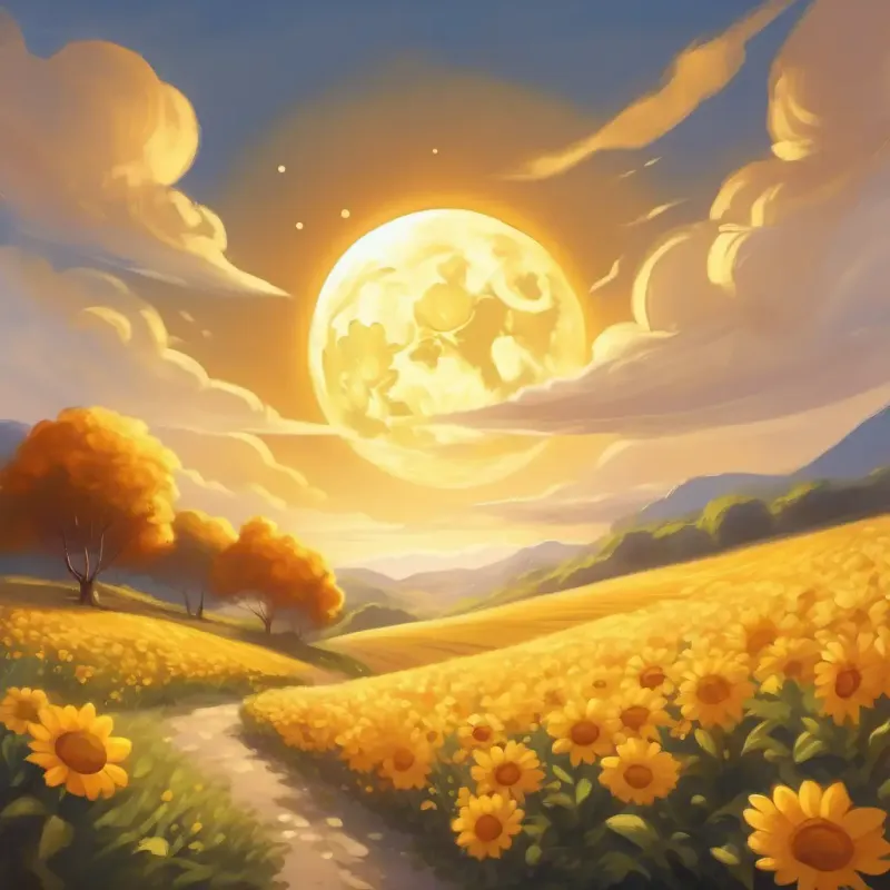 The Sun, bright and golden, with a warm smile's emotional response to The Moon, pale and gentle, with a soft glow's gift.