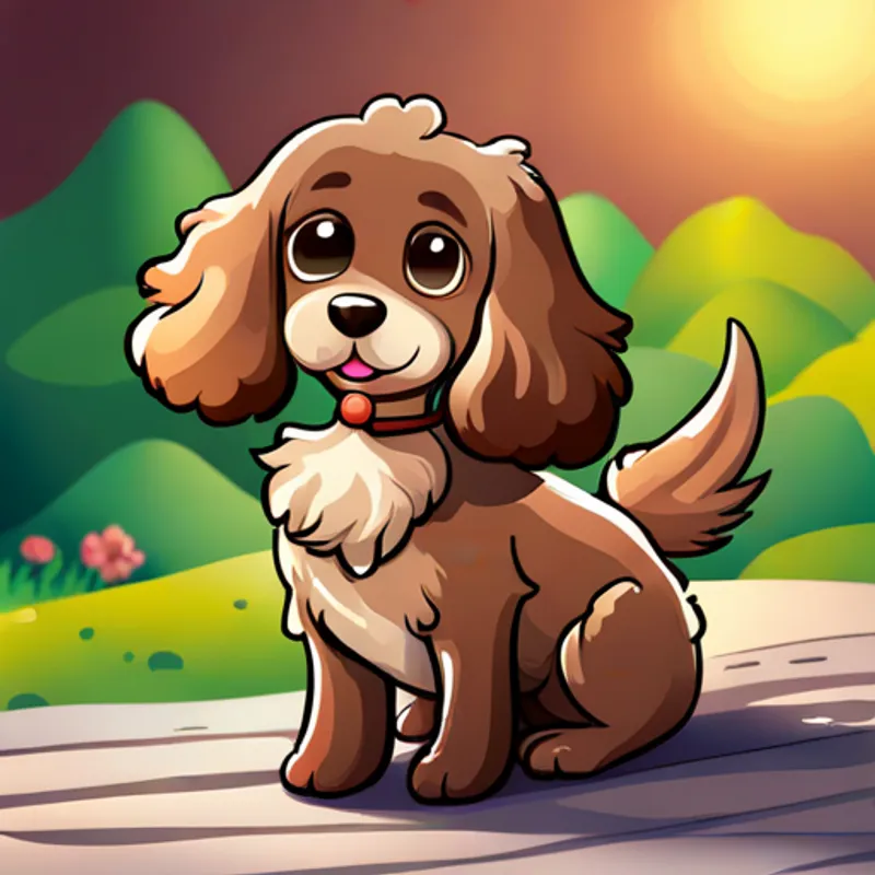 Brown cocker spaniel with a wagging tail in front of a cozy house