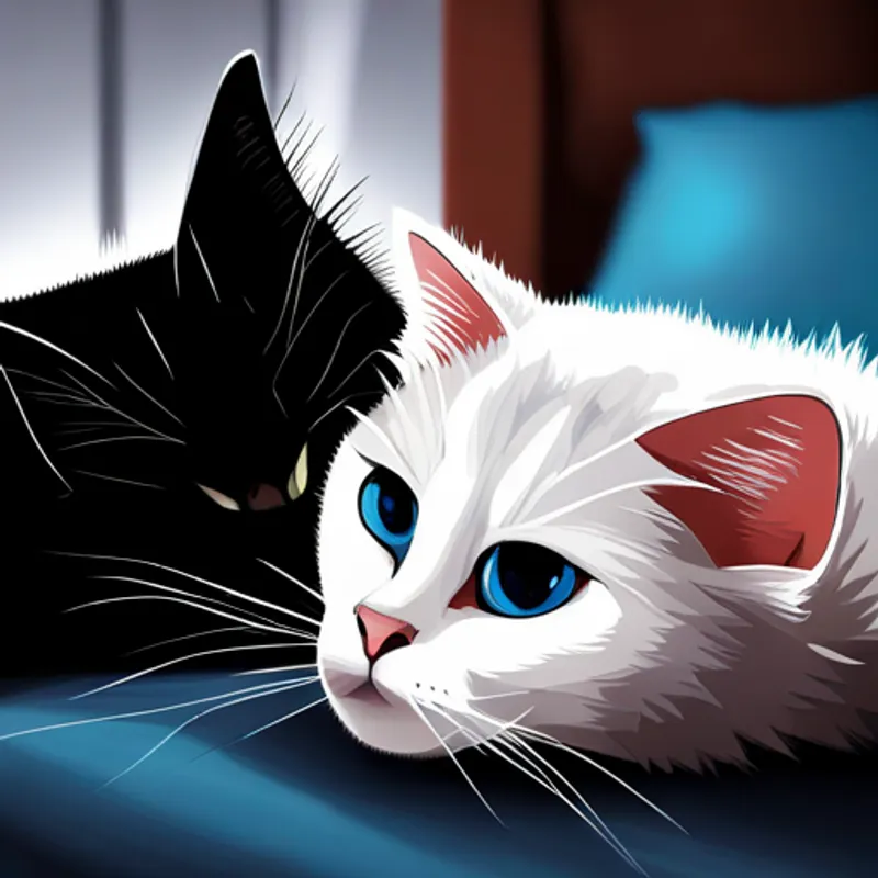 White Siamese cat with blue eyes and White Siamese cat with blue eyes being mean to Black cat with white paws and curious eyes