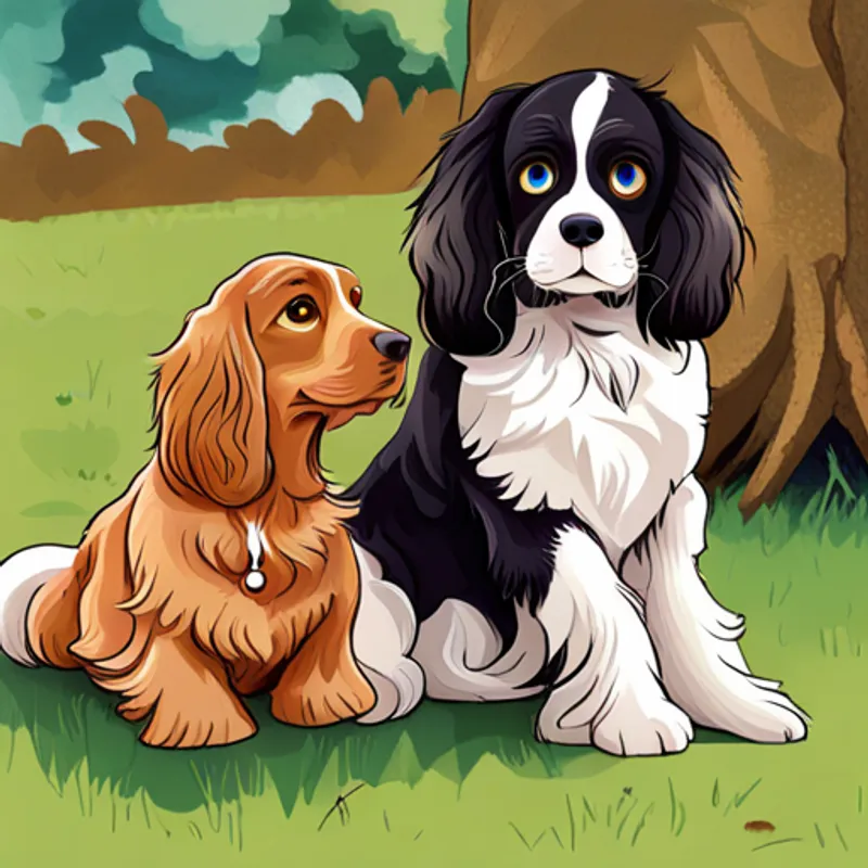 Brown cocker spaniel with a wagging tail protecting Black cat with white paws and curious eyes