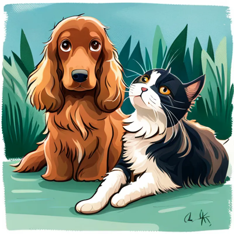 Brown cocker spaniel with a wagging tail and Black cat with white paws and curious eyes happily playing together