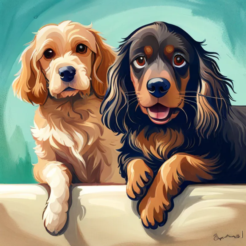 Brown cocker spaniel with a wagging tail and Black cat with white paws and curious eyes having fun together
