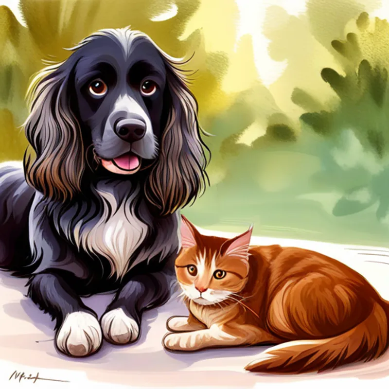 Brown cocker spaniel with a wagging tail and Black cat with white paws and curious eyes smiling